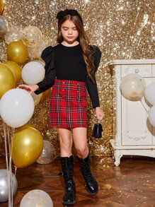 SHEIN 女孩羊腿袖上衣和蘇格蘭格紋裙子套裝