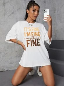 SHEIN EZwear Camiseta amplia con estampado de slogan de hombros caídos - Blanco - Ver 3