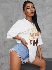 SHEIN EZwear Camiseta amplia con estampado de slogan de hombros caídos - Blanco - Ver 5