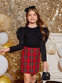 SHEIN 女孩羊腿袖上衣和蘇格蘭格紋裙子套裝