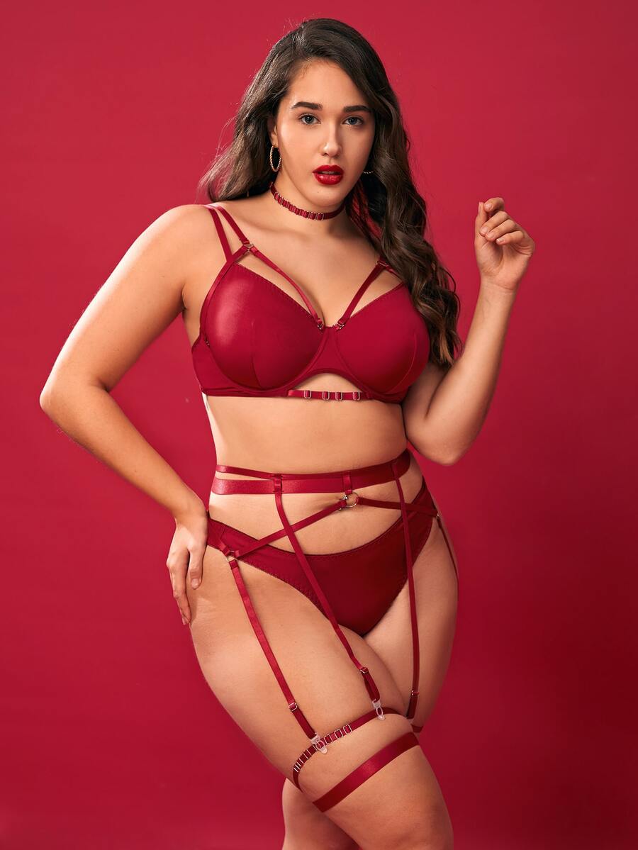 Set de lencería con abertura con aro con liga - Burdeos - Ver 1
