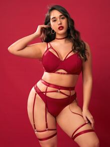Set de lencería con abertura con aro con liga - Burdeos - Ver 4