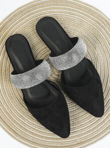 Faux Suede Rhinestone Decor Point Toe Flat Mules - Black - View 1