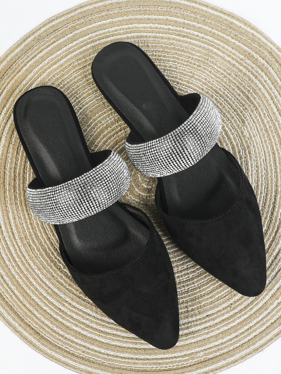 Faux Suede Rhinestone Decor Point Toe Flat Mules - Black - View 1