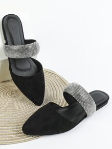 Faux Suede Rhinestone Decor Point Toe Flat Mules - Black - View 3