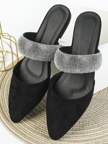 Faux Suede Rhinestone Decor Point Toe Flat Mules - Black - View 4