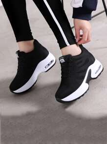 Letter Patch Decor Lace-up Front Wedge Sneakers - Black - View 1