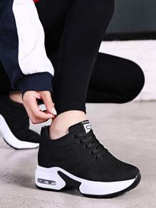 Letter Patch Decor Lace-up Front Wedge Sneakers - Black - View 2