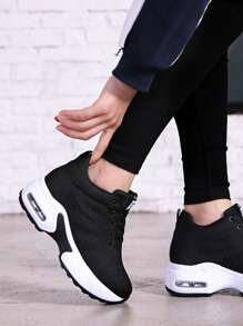 Letter Patch Decor Lace-up Front Wedge Sneakers - Black - View 3