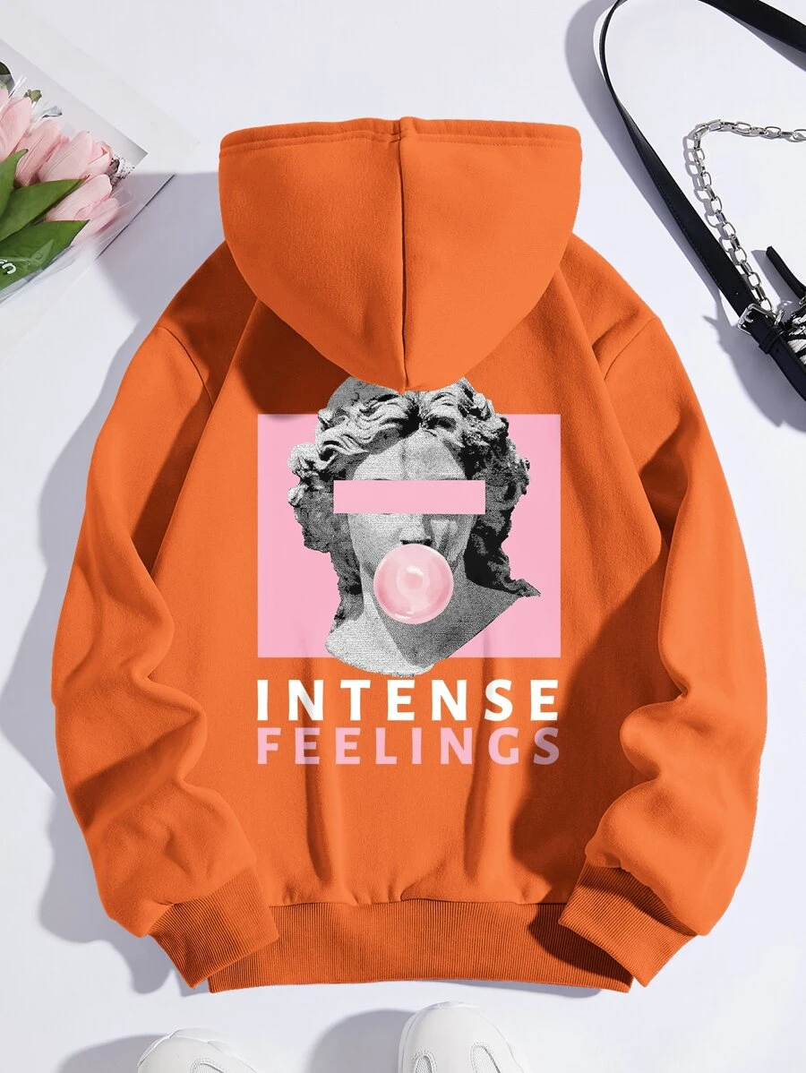 SHEIN EZwear Sculpture & Letter Graphic Drawstring Thermal Lined Hoodie - Orange - View 1