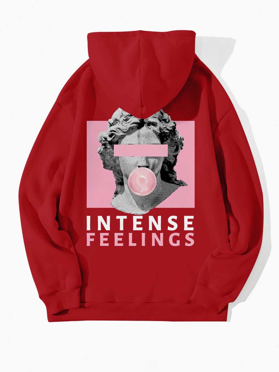 SHEIN EZwear Sculpture & Letter Graphic Kangaroo Pocket Drawstring Thermal Hoodie - Red - View 1