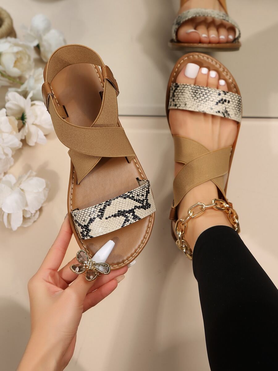 女士蛇皮壓花交叉帶露跟優雅戶外踝帶舒適涼鞋 - 彩色 - 查看 1