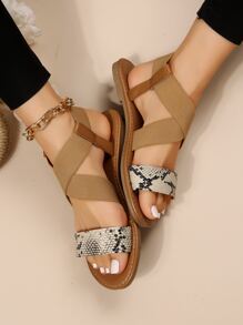 女士蛇皮壓花交叉帶露跟優雅戶外踝帶舒適涼鞋 - 彩色 - 查看 2