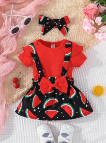 嬰兒荷葉邊連體衣和西瓜圖案前蝴蝶結背帶半身裙和配件髮箍 - 彩色 - 查看 1