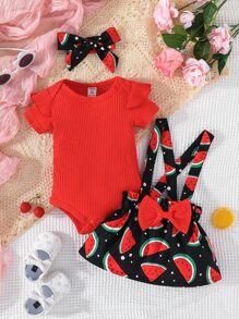 嬰兒荷葉邊連體衣和西瓜圖案前蝴蝶結背帶半身裙和配件髮箍 - 彩色 - 查看 3
