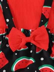 嬰兒荷葉邊連體衣和西瓜圖案前蝴蝶結背帶半身裙和配件髮箍 - 彩色 - 查看 4