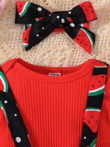 嬰兒荷葉邊連體衣和西瓜圖案前蝴蝶結背帶半身裙和配件髮箍 - 彩色 - 查看 5