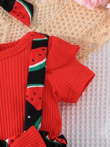 嬰兒荷葉邊連體衣和西瓜圖案前蝴蝶結背帶半身裙和配件髮箍 - 彩色 - 查看 6