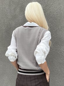 DAZY 字母与植物刺绣条纹装饰毛衣背心（不含衬衫）秋装 - 灰色 - 查看 2