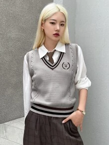 DAZY 字母与植物刺绣条纹装饰毛衣背心（不含衬衫）秋装 - 灰色 - 查看 3