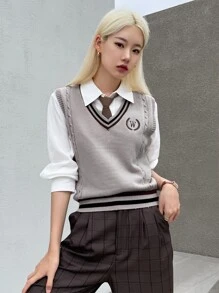 DAZY 字母与植物刺绣条纹装饰毛衣背心（不含衬衫）秋装 - 灰色 - 查看 4