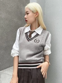 DAZY 字母与植物刺绣条纹装饰毛衣背心（不含衬衫）秋装 - 灰色 - 查看 6