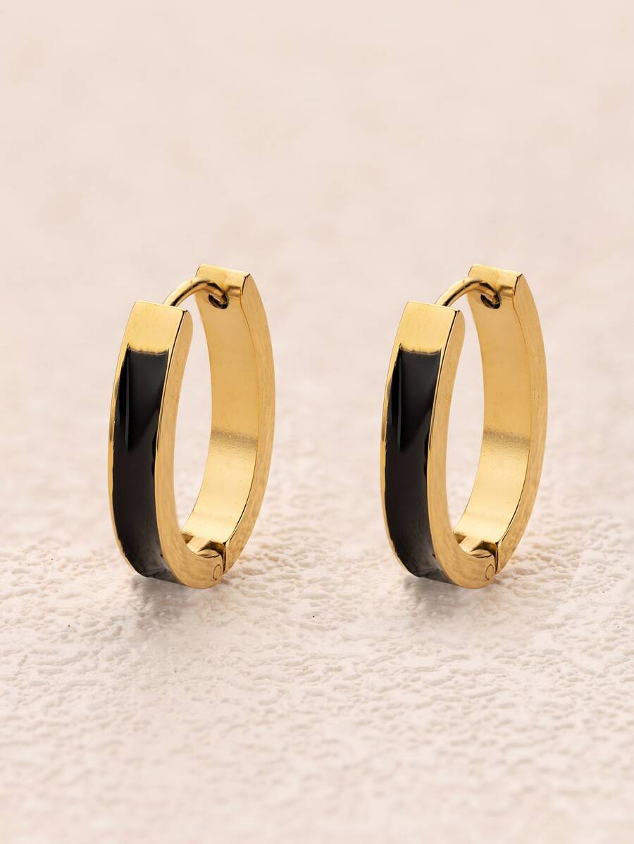 Two Tone Hoop Earrings - Black - View 1
