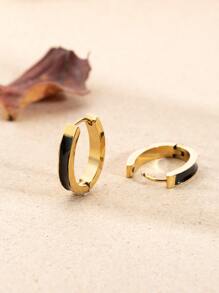 Two Tone Hoop Earrings - Black - View 5