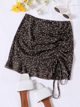 Jupe à ruché à nœud à volants fleuri