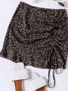 SHEIN Unity Ruched Knot Ruffle Hem Ditsy Floral Skirt - Multicolor - View 4