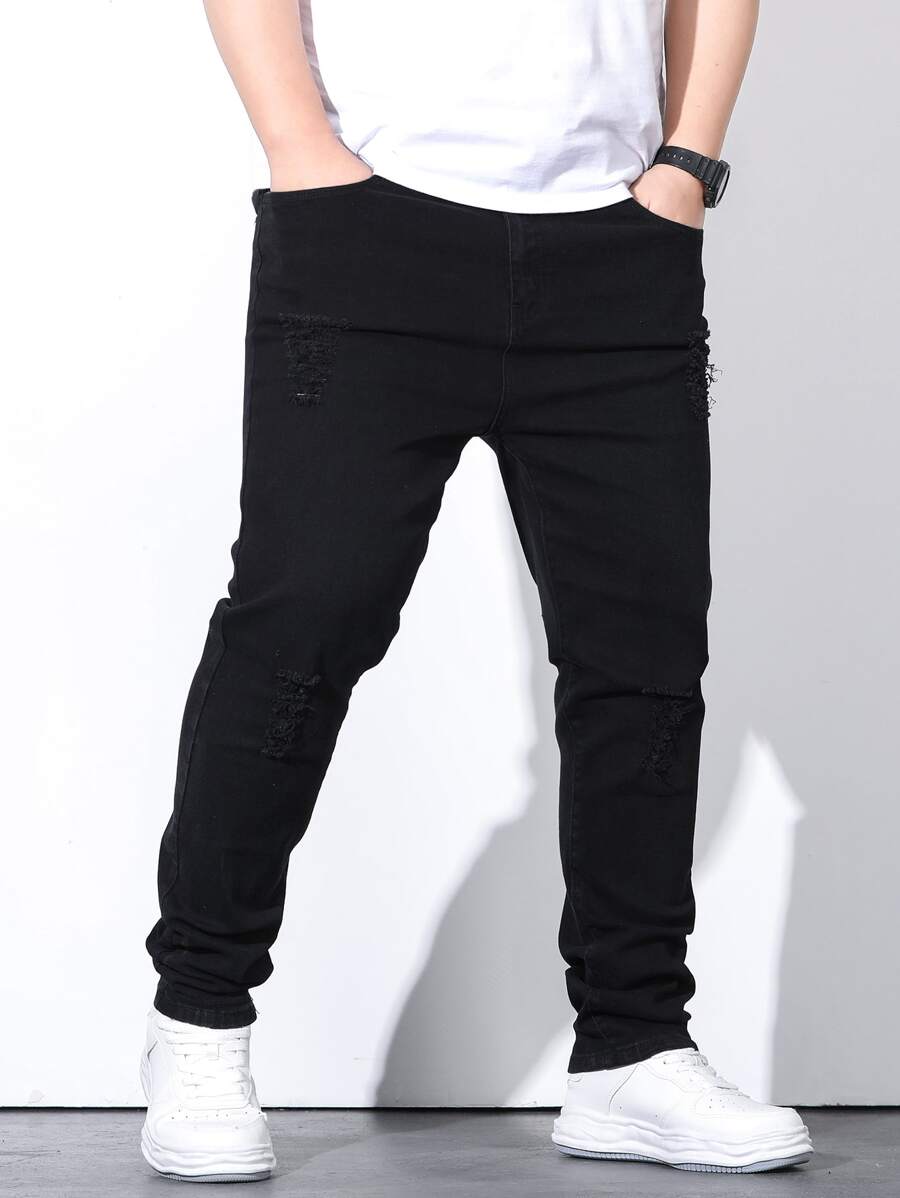 Manfinity Men Plus Ripped Frayed Skinny Jeans - Black - View 1