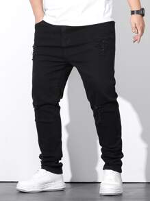 Manfinity Men Plus Ripped Frayed Skinny Jeans - Black - View 3