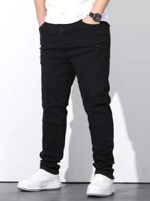 Manfinity Men Plus Ripped Frayed Skinny Jeans - Black - View 4