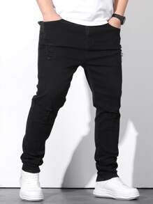 Manfinity Men Plus Ripped Frayed Skinny Jeans - Black - View 5