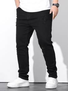 Manfinity Men Plus Ripped Frayed Skinny Jeans - Black - View 6