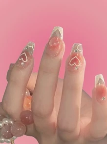 ROMWE 24pcs Long Coffin Rhinestone Decor Fake Nail & 1sheet Tape - Baby Pink - View 1
