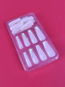 ROMWE 24 piezas Uña postiza largo ataúd con diseño de diamante de imitación & 1 hoja cinta - Blanco - Ver 6