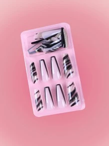 ROMWE 24pcs Long Coffin Color Block Fake Nail & 1sheet Tape - Multicolor - View 2