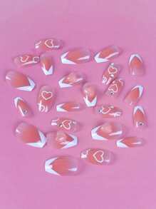 ROMWE 24pcs Long Coffin Rhinestone Decor Fake Nail & 1sheet Tape - Baby Pink - View 2
