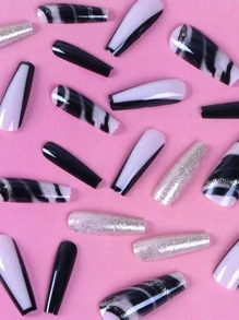 ROMWE 24pcs Long Coffin Color Block Fake Nail & 1sheet Tape - Multicolor - View 3