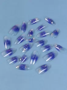 ROMWE 24入組長款橢圓形水鑽裝飾漸層假指甲和1張膠帶 - 淺藍色 - 查看 2
