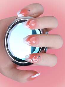 ROMWE 24pcs Long Coffin Rhinestone Decor Fake Nail & 1sheet Tape - Baby Pink - View 3