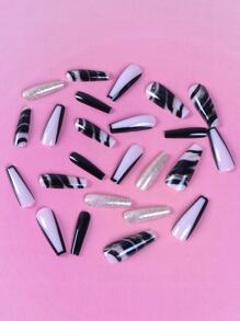 ROMWE 24pcs Long Coffin Color Block Fake Nail & 1sheet Tape - Multicolor - View 4