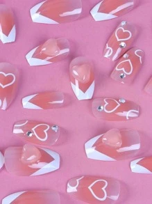 ROMWE 24pcs Long Coffin Rhinestone Decor Fake Nail & 1sheet Tape - Baby Pink - View 4