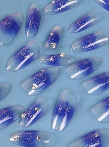 ROMWE 24入組長款橢圓形水鑽裝飾漸層假指甲和1張膠帶 - 淺藍色 - 查看 4