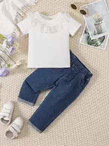 Baby Lace Trim Tee & Jeans - Blue and White - View 1