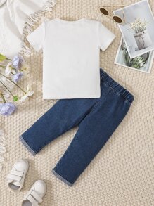 Baby Lace Trim Tee & Jeans - Blue and White - View 2