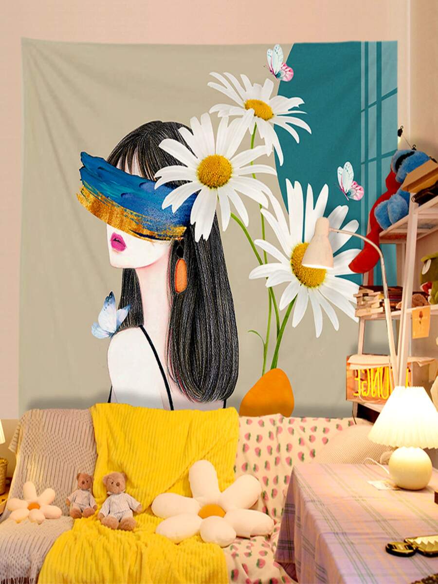 Floral & Figure Graphic Tapestry - Multicolor - View 1