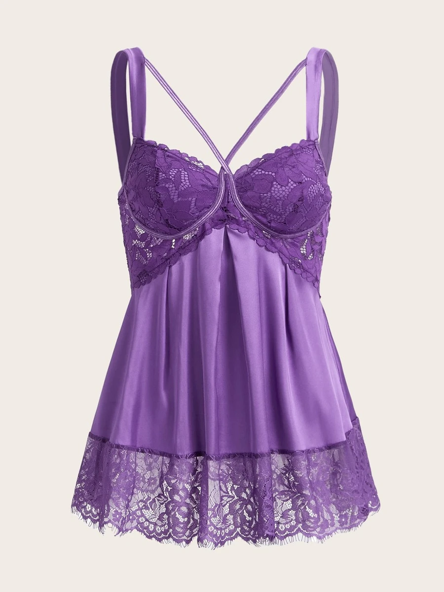 SHEIN ICON Contrast Lace Cami Top - Purple - View 1