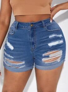 SHEIN SXY Quần short denim oversized Nút Túi Bị tách Dây kéo màu trơn - Rửa trung bình - Xem 1